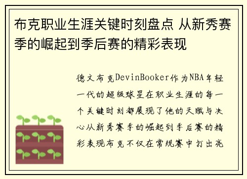 布克职业生涯关键时刻盘点 从新秀赛季的崛起到季后赛的精彩表现