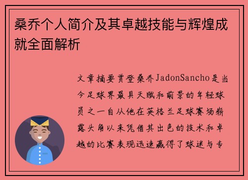 桑乔个人简介及其卓越技能与辉煌成就全面解析