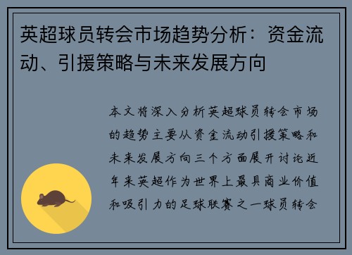 英超球员转会市场趋势分析：资金流动、引援策略与未来发展方向